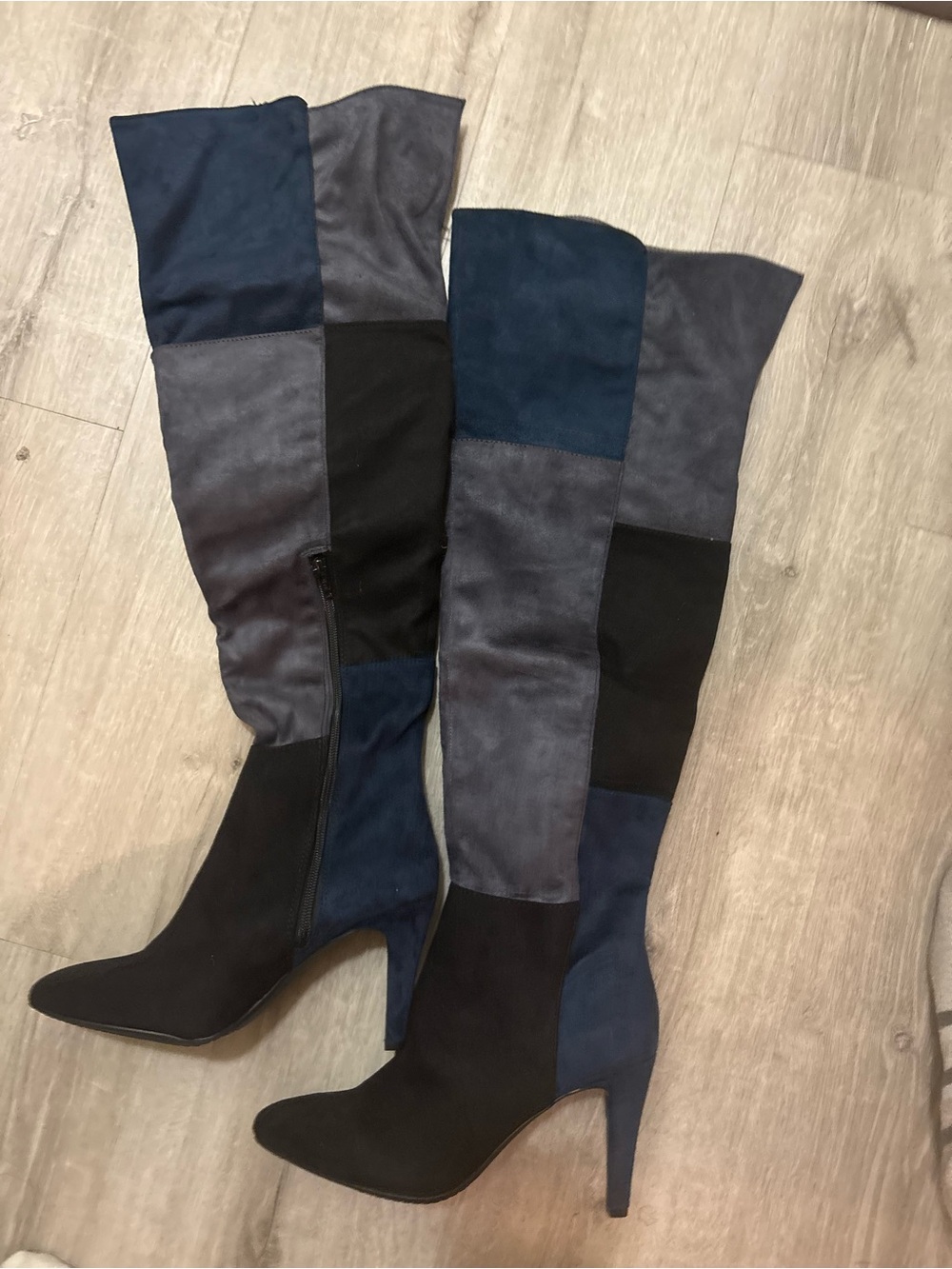Women's Over-the-Knee Patchwork Suede Boots in Blue and Gray